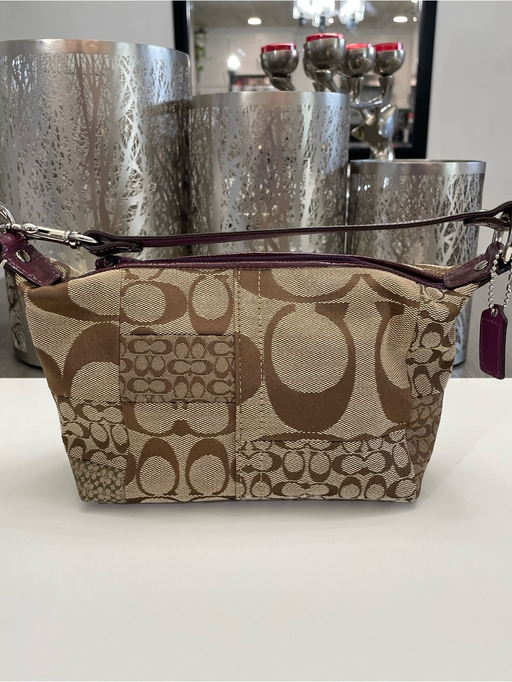 Vintage Coach Patchwork Signature Mini Wristlet in Brown with Plum Trim